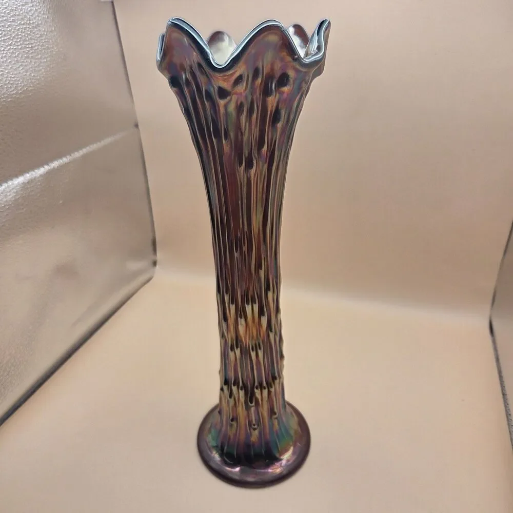 Iridescent Art Glass Ruffled Trumpet Vase Glossy Purple Multicolor 11